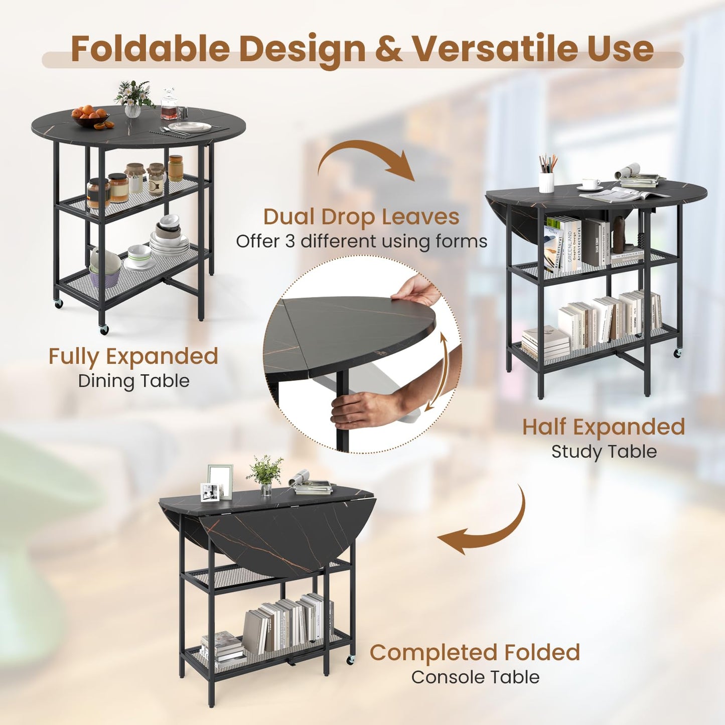 Round Drop Leaf Table with 2 Mesh Shelves & 2 Lockable Wheels