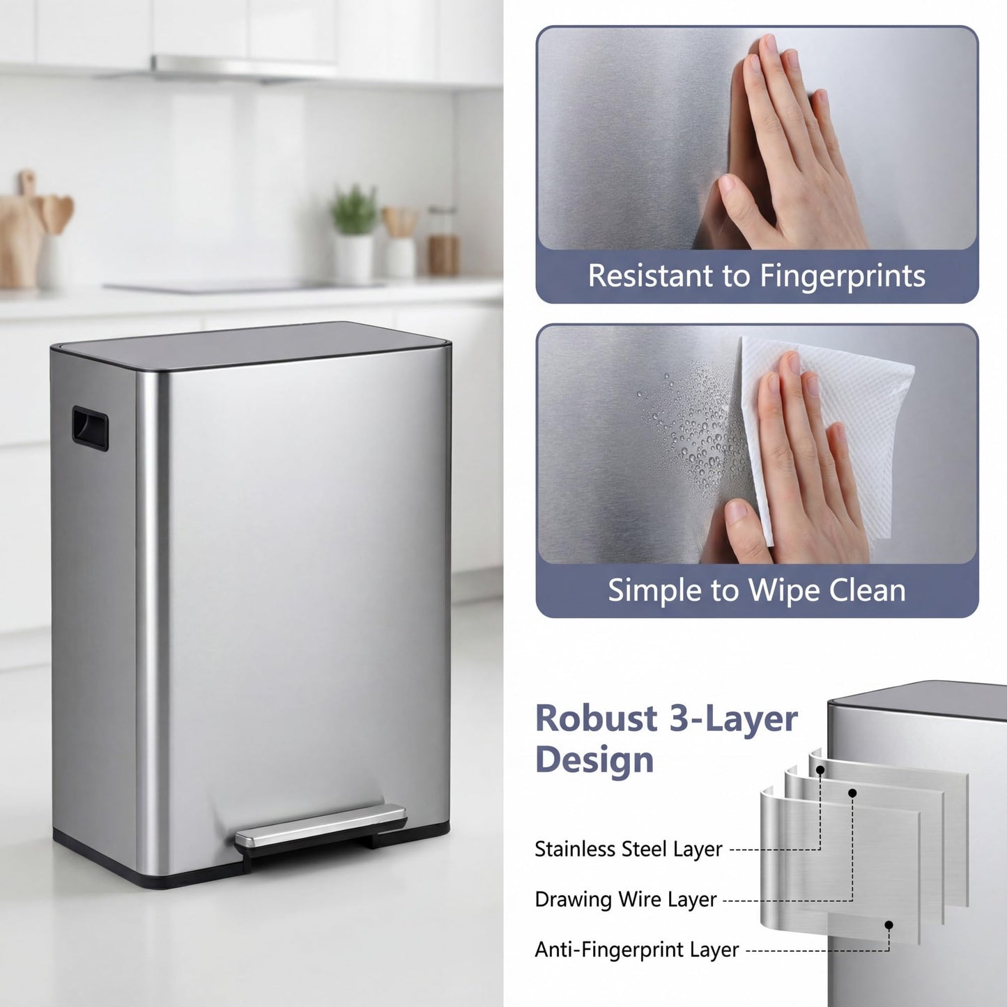 60L Trash Can Stainless Steel Garbage Can with 2 Removable Inner Buckets