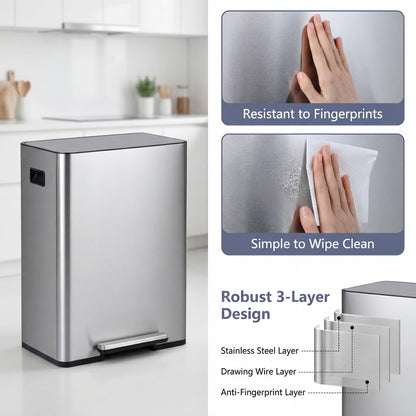 60L Trash Can Stainless Steel Garbage Can with 2 Removable Inner Buckets