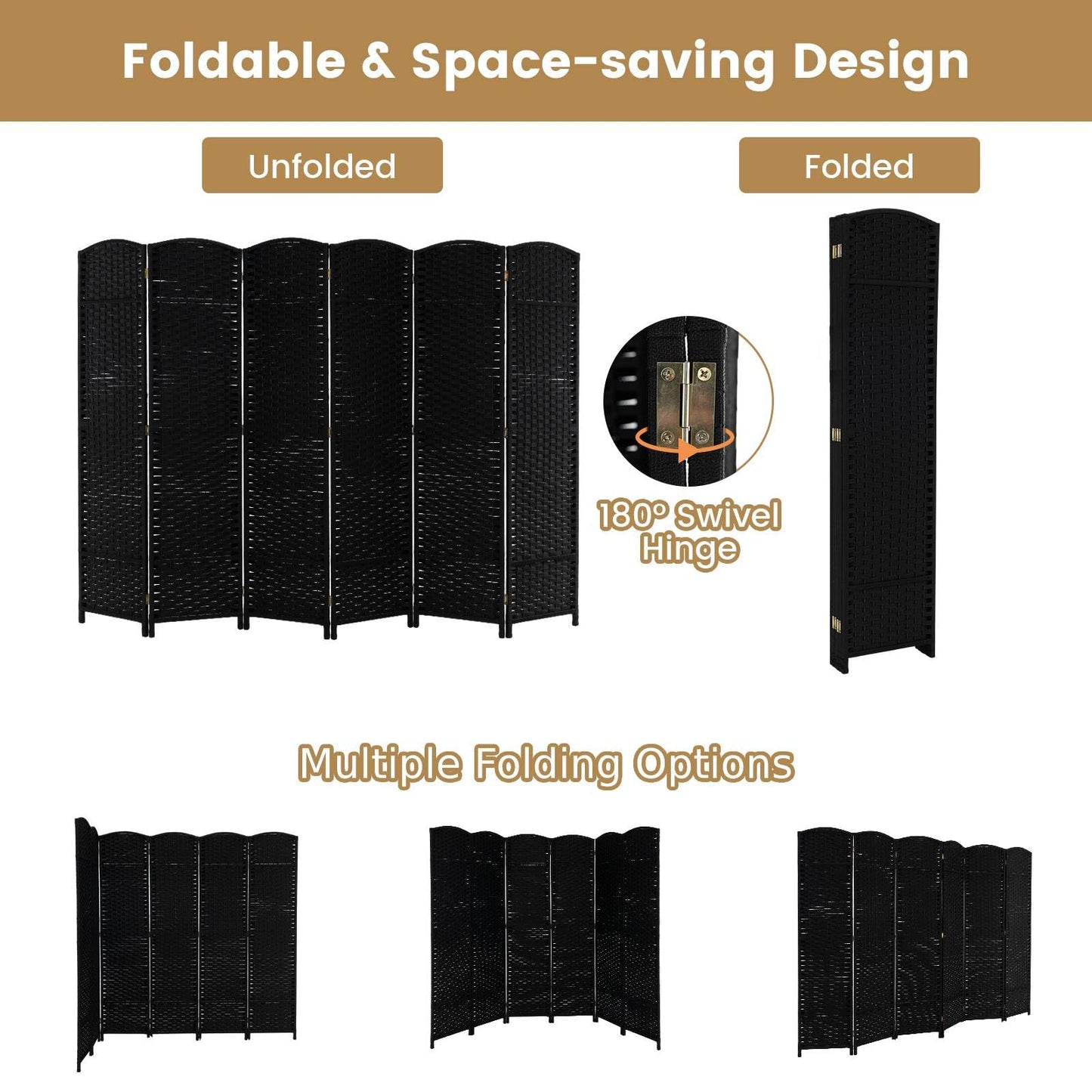 6-Panel Room Divider Folding Privacy Screen with Hand-woven Texture