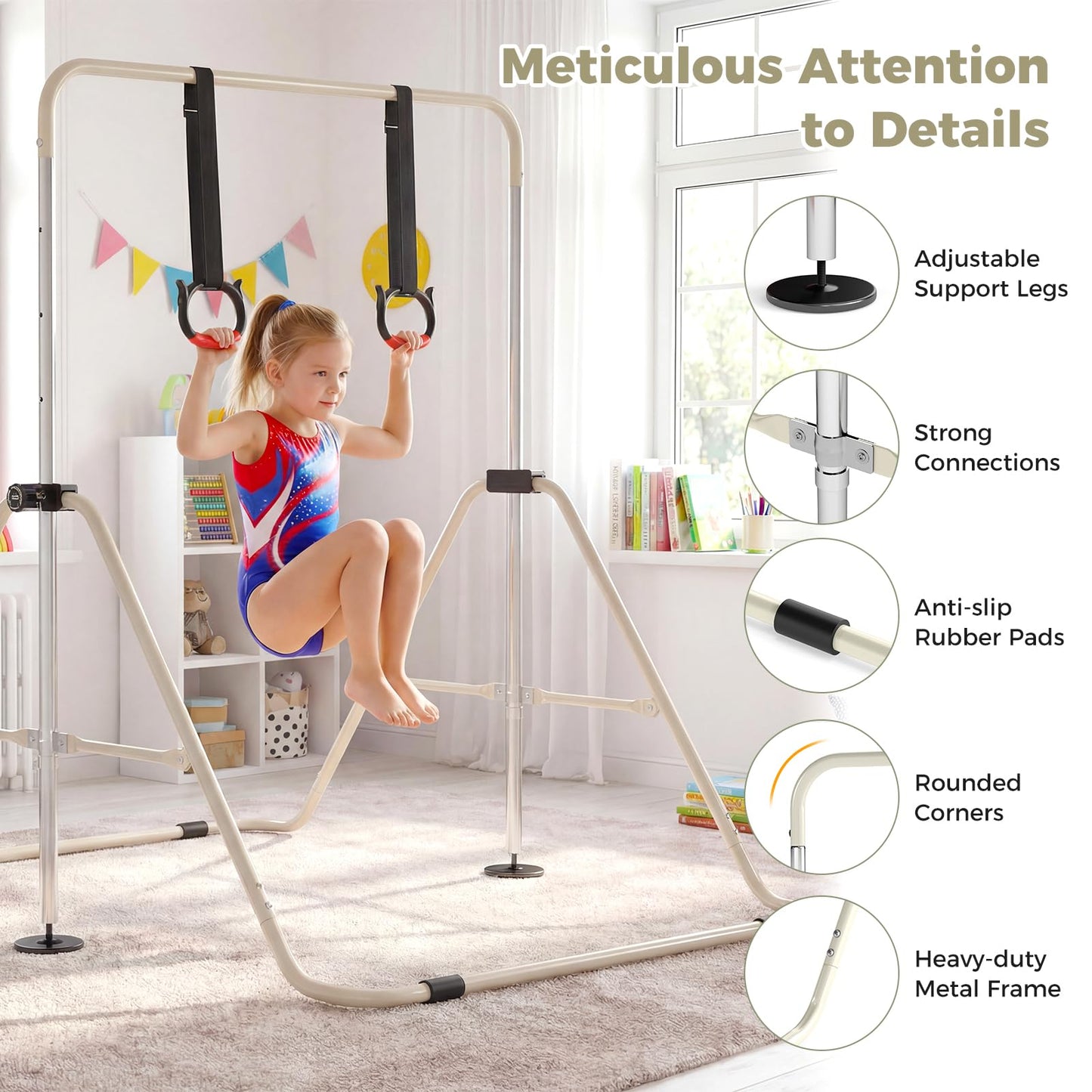 Folding Gymnastics Bar, Height Adjustable Horizontal Kip Bars with Anti-slip Base