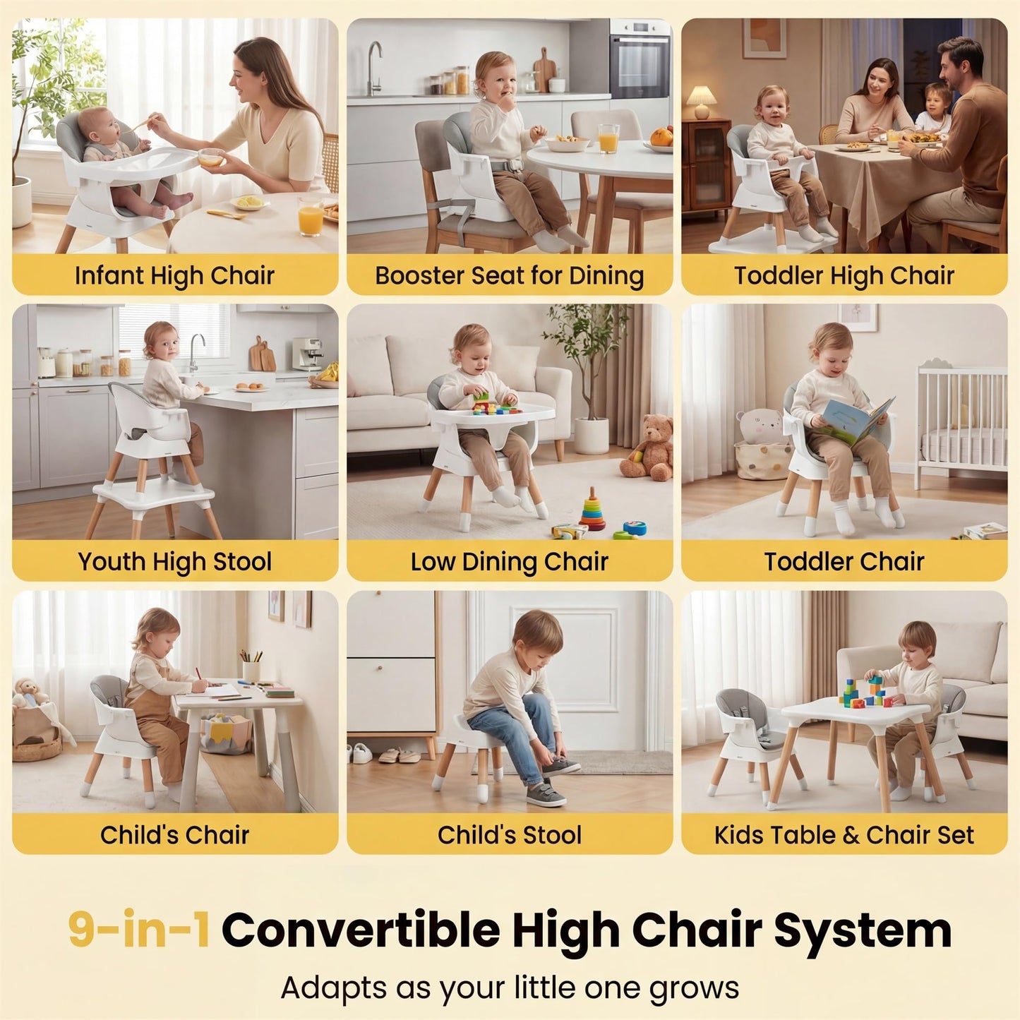 9 in 1 Convertible High Chairs for Toddlers, Infant Highchairs with Solid Wood Legs