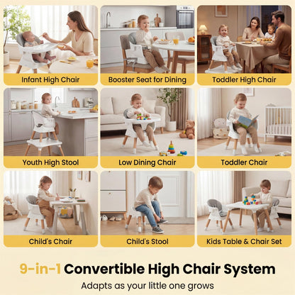 9 in 1 Convertible High Chairs for Toddlers, Infant Highchairs with Solid Wood Legs