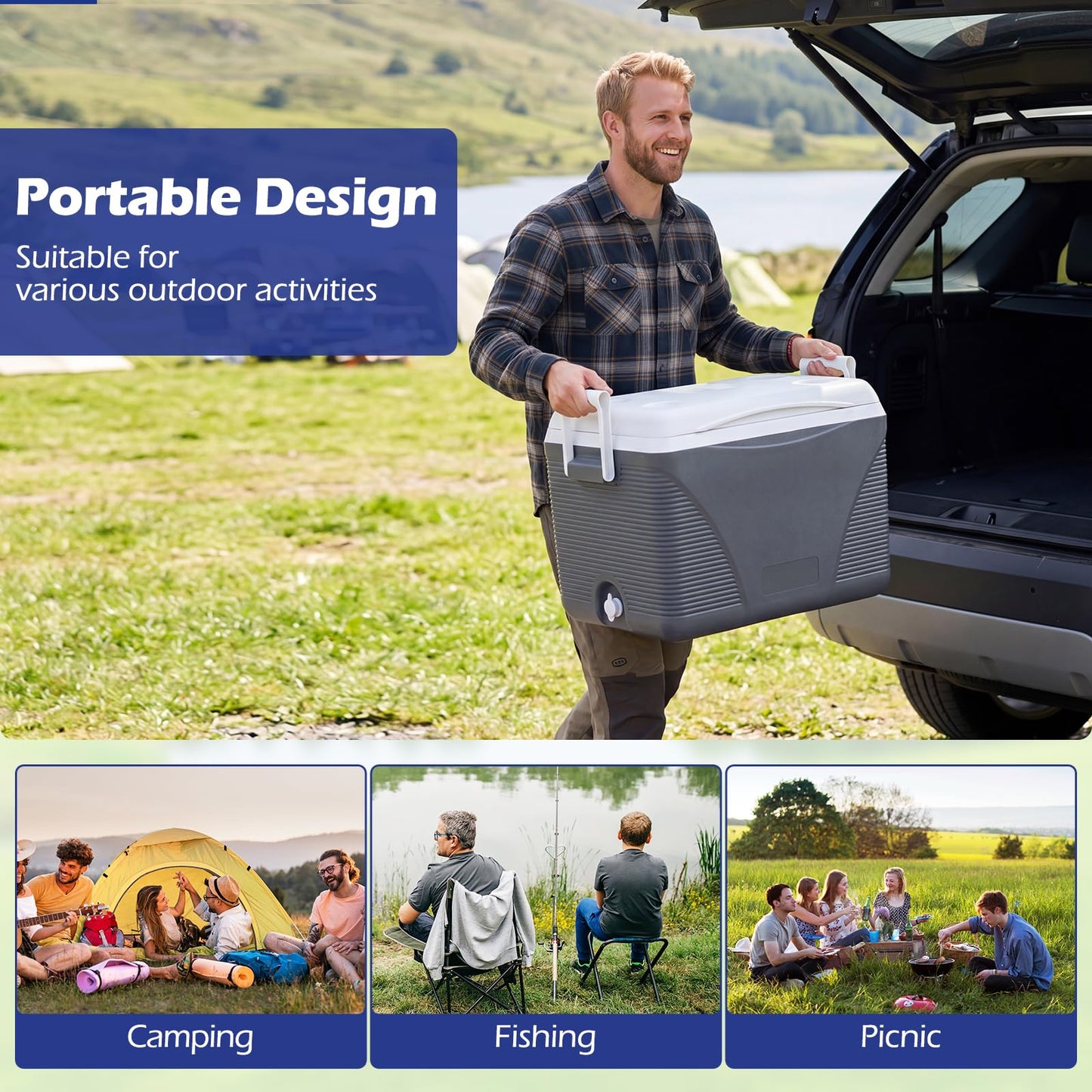 41L Insulated Cool Box, Hard Cooler Ice Chest Box for Cold/Hot Food & Drink with Handle