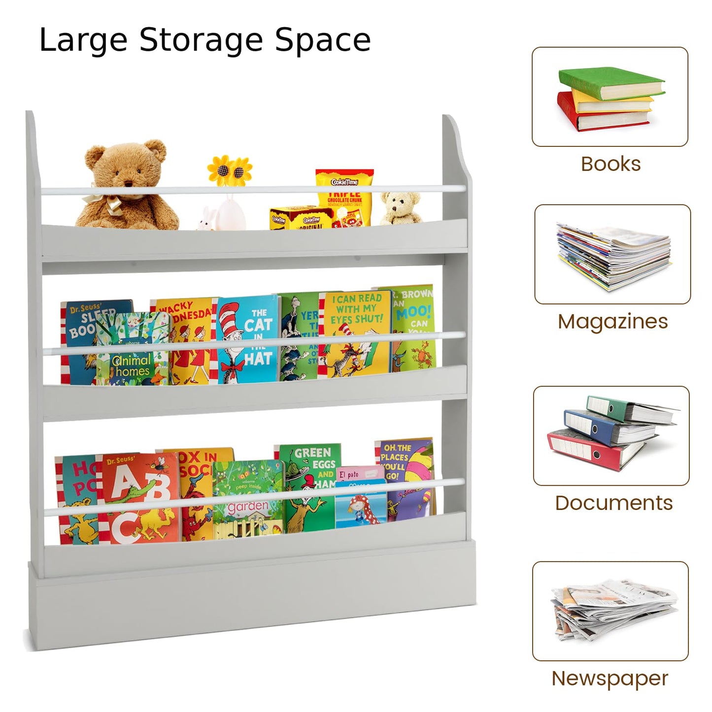 3-Tier Standing Bookshelf with 2 Anti-Tipping Kits and Guardrails-Grey