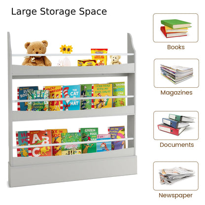 3-Tier Standing Bookshelf with 2 Anti-Tipping Kits and Guardrails-Grey