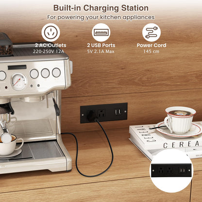 Kitchen Storage Cabinet with Charging Station and 6 Rattan Doors