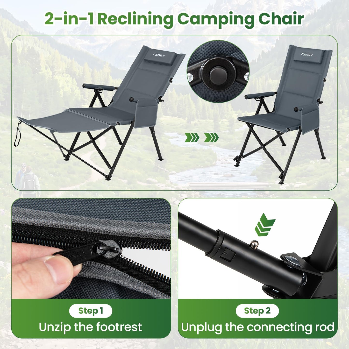 Adjustable Backrest, Storage Bag, Padded Pillow & Side Pocket