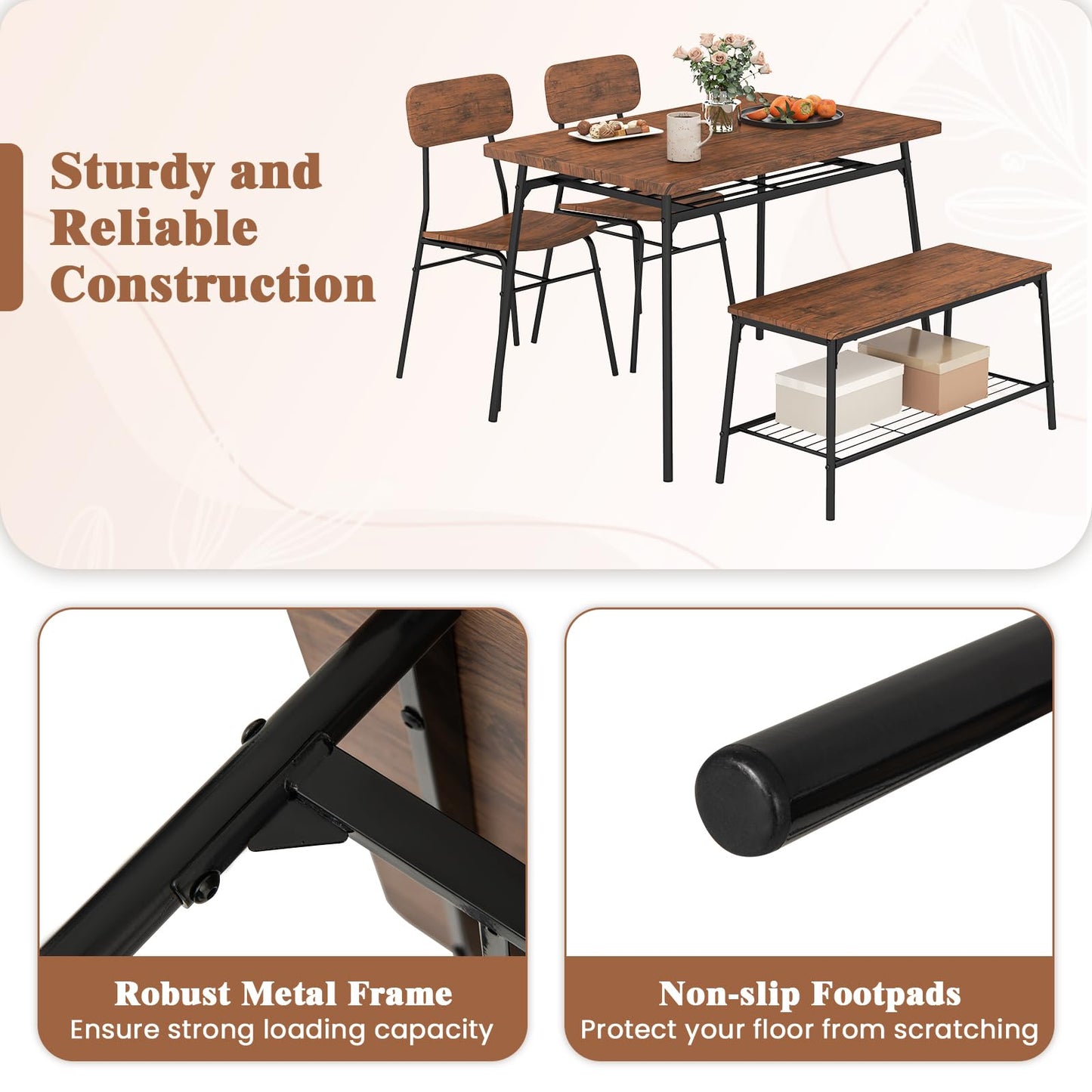 4 Piece Dining Table Set Metal with Bench and Storage Racks
