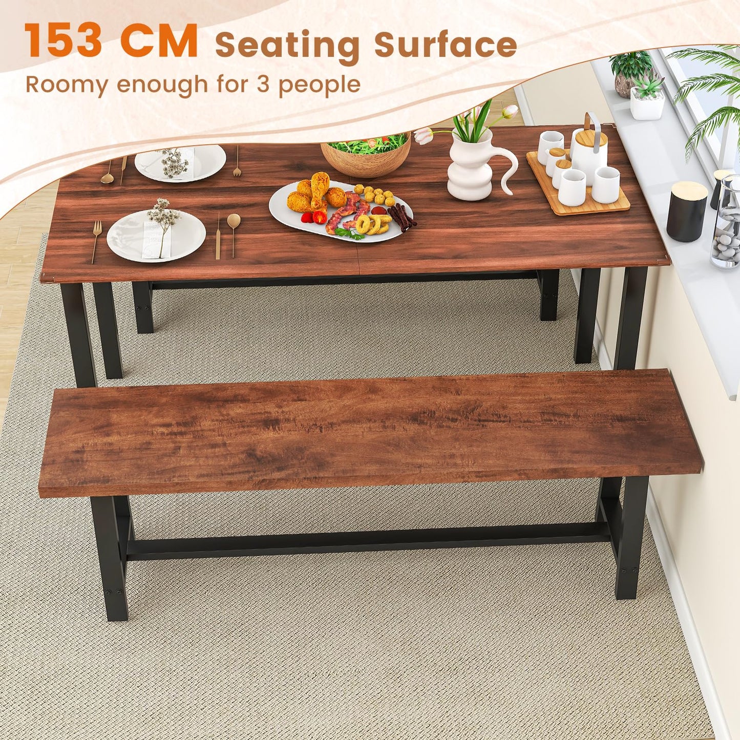 153CM Entryway Dining Bench 3 Person with Metal Frame