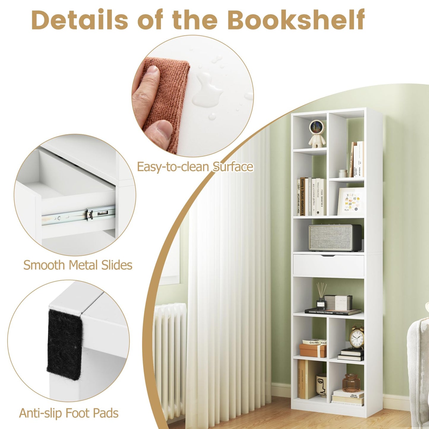 Modern Storage Bookshelf with Drawer for Living Room