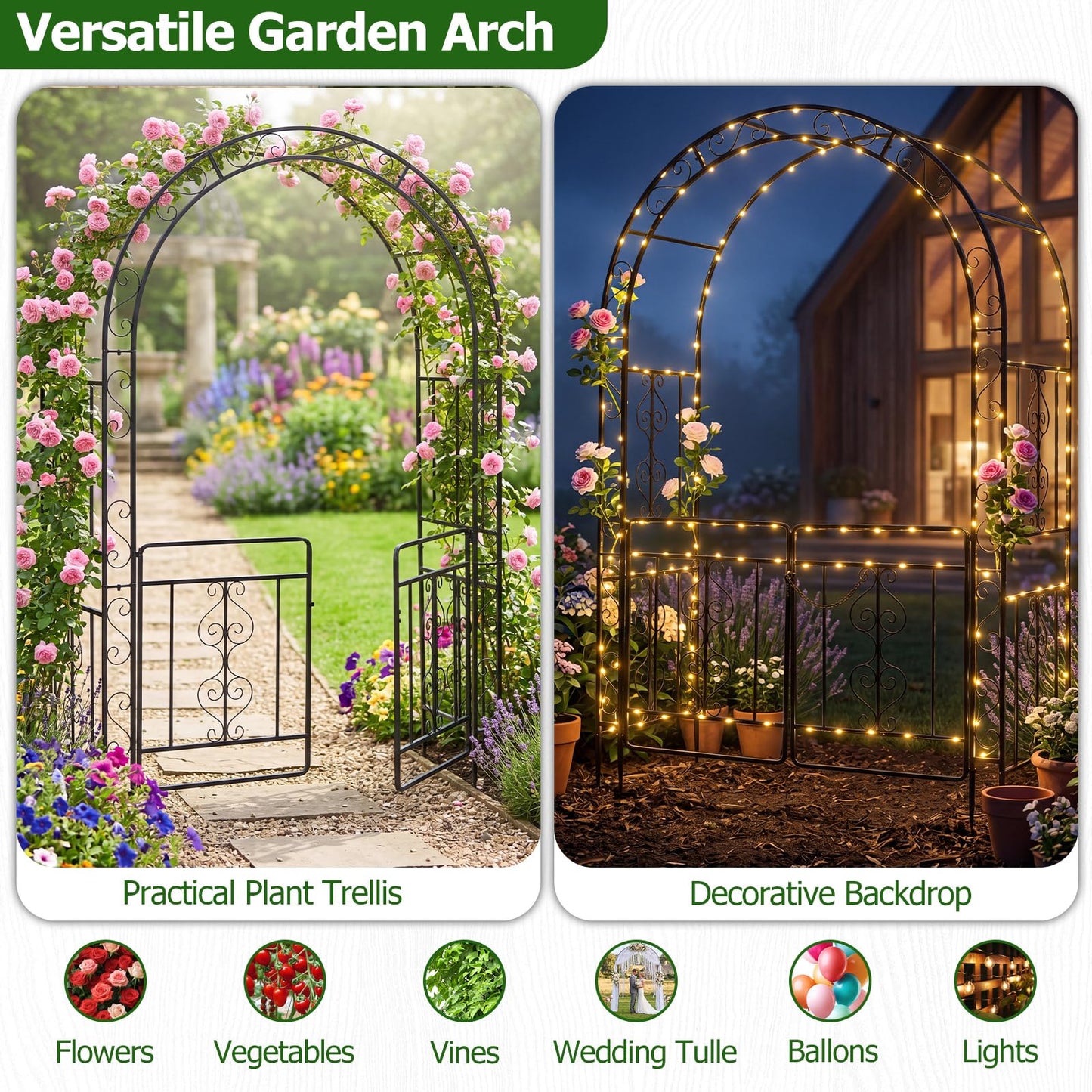 Garden Arch with Gate, Metal Pergola Arbor Trellis for Climbing Plant Rose Vines
