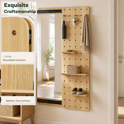 Wall Mounted Full Body Mirror with Sliding Pegboard Storage