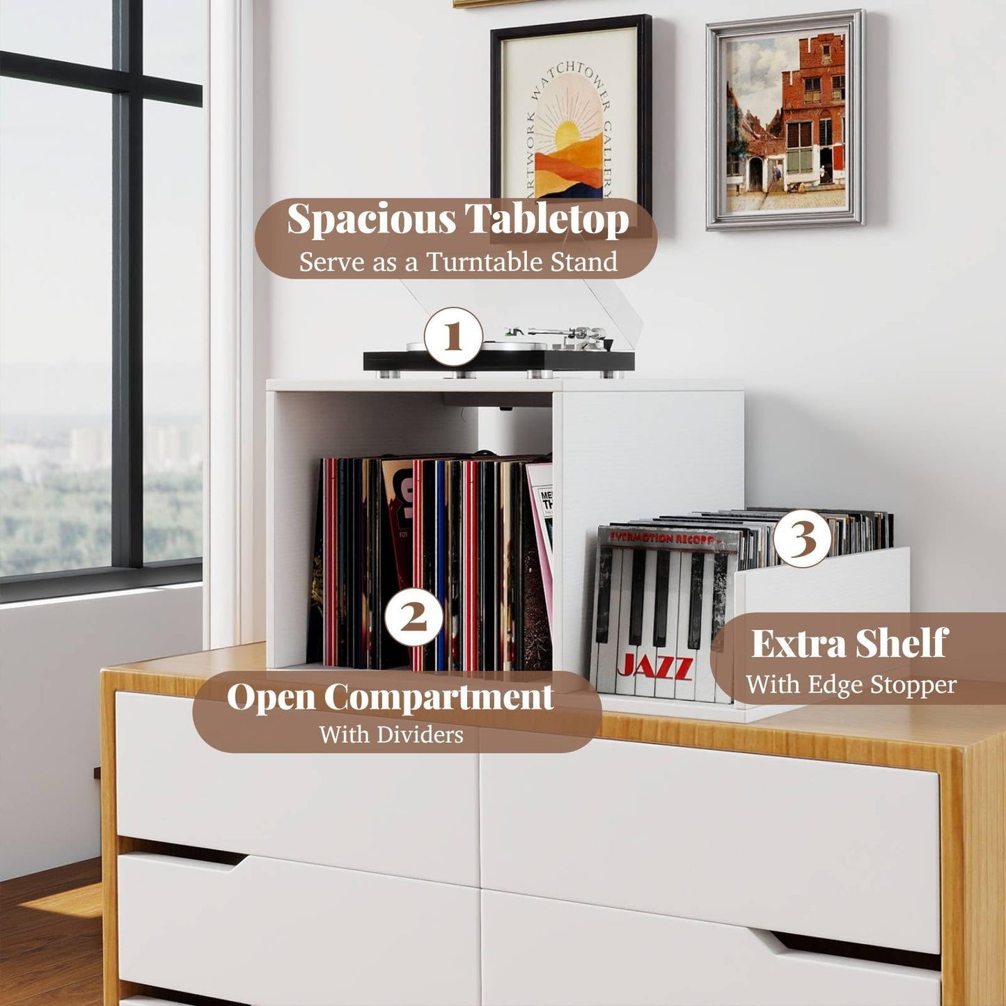 Record Player Stand with Power Outlet and Removable Dividers