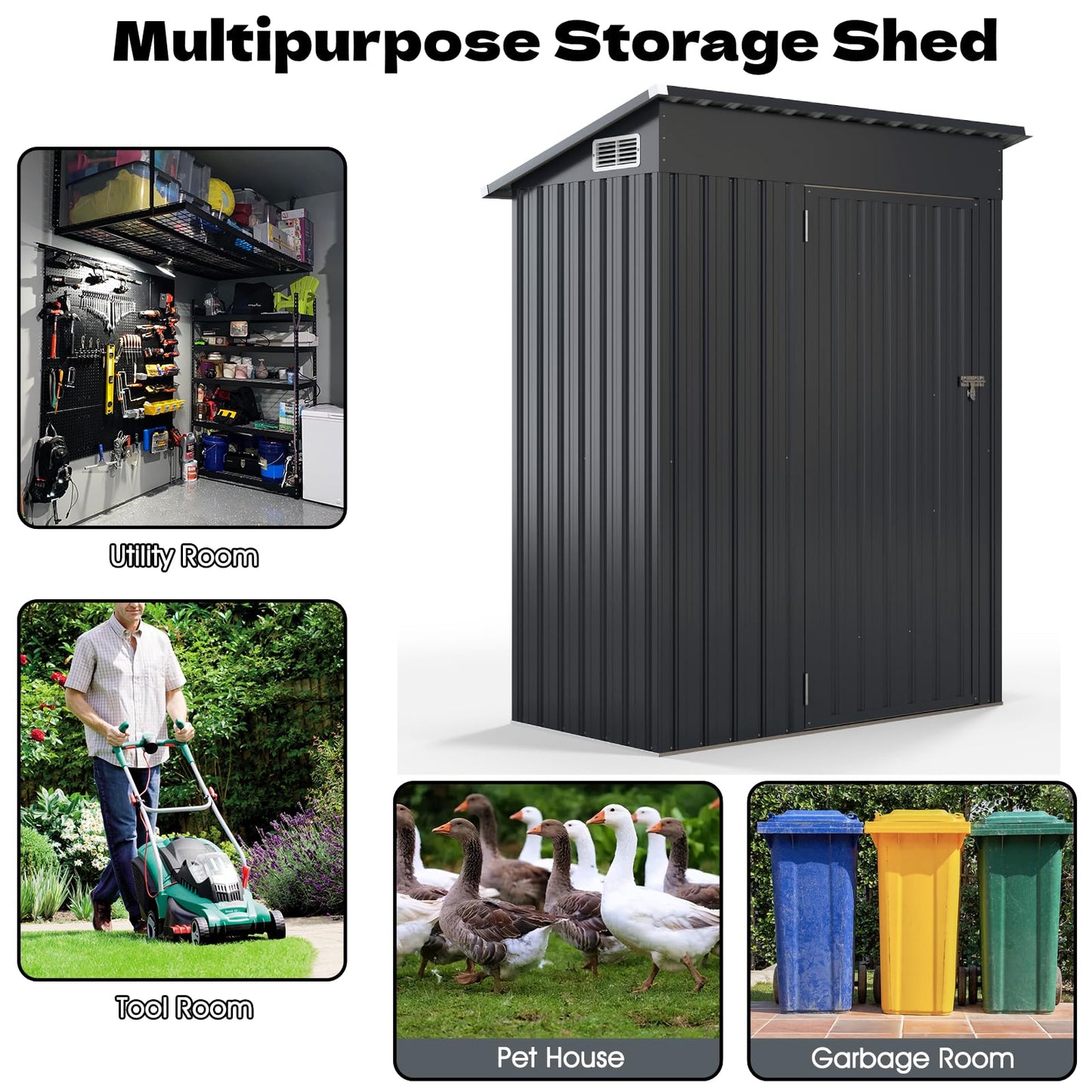 5x3FT Metal Garden Shed Galvanized Outdoor Storage Shed with 2 Air Vents