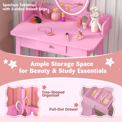 Kids Vanity Set Makeup Beauty Dressing Table and Chair with Lighted Mirror