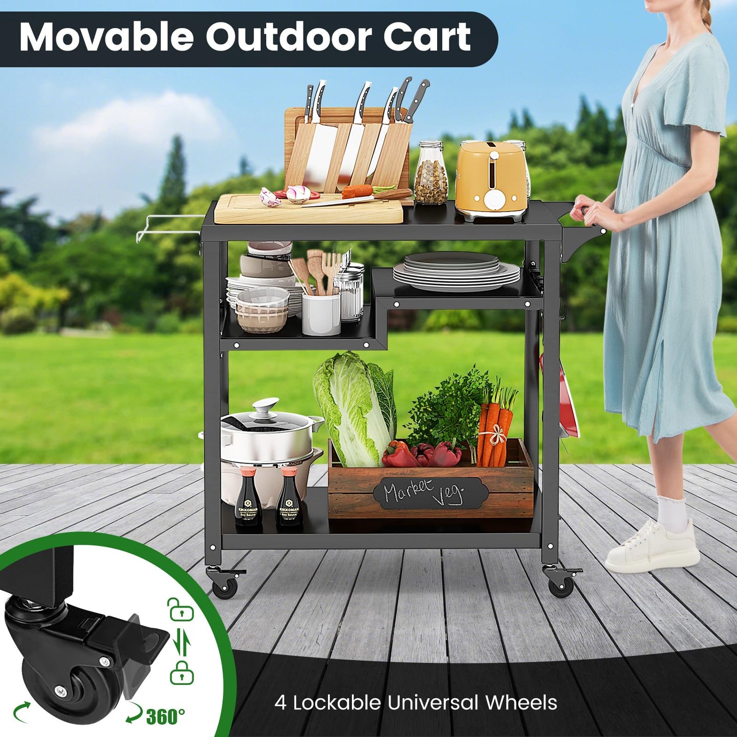 2 or 3 Shelf Movable Pizza Oven Table Stand with 4 Lockable Wheels