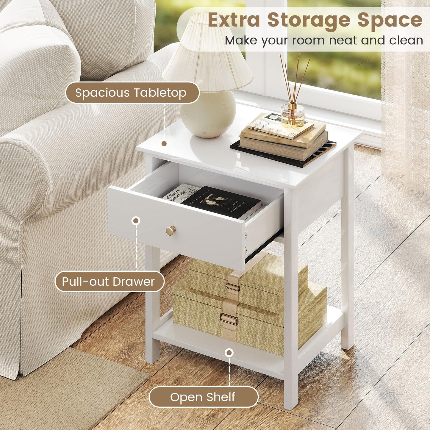 1/2 Pieces Wooden Nightstand with Drawer and Storage Shelf