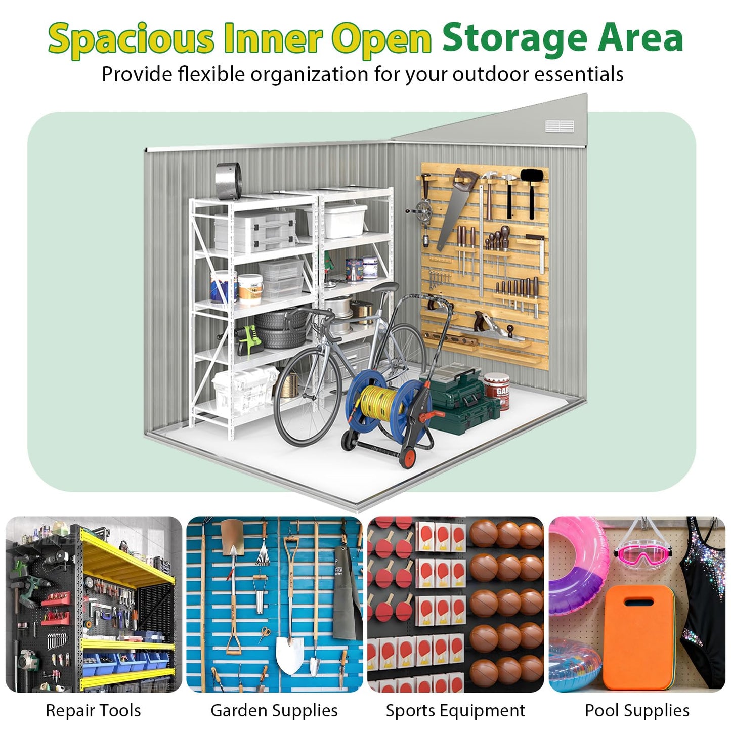 Triple Door Storage Shed with Galvanized Steel Tool and Bike Storage