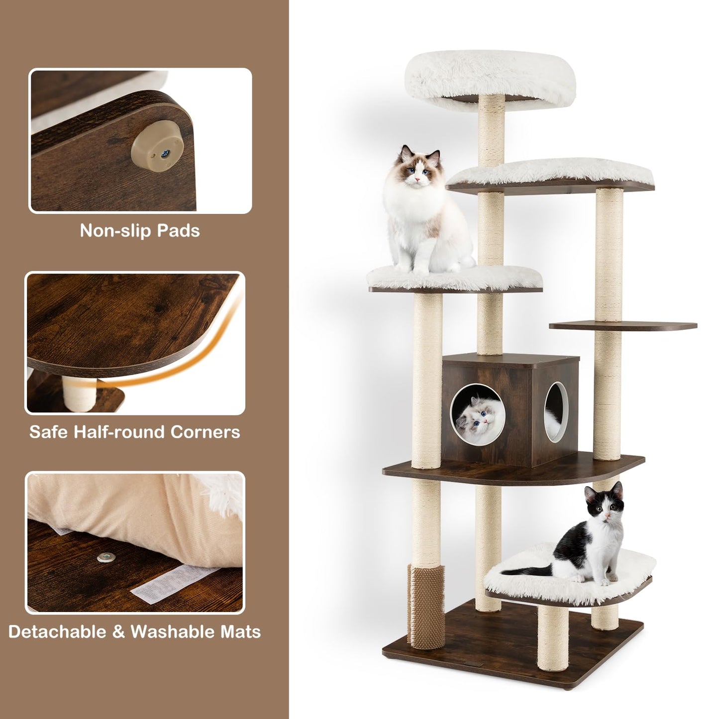 179 cm Tall Wooden Cat Tree with Sisal Scratching Posts