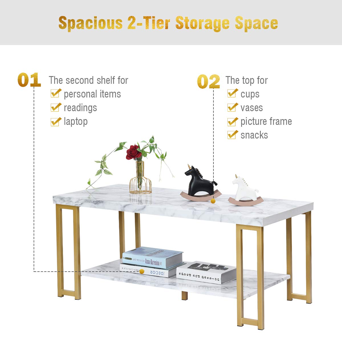 Marble Effect Cocktail Center Table with Storage Shelf