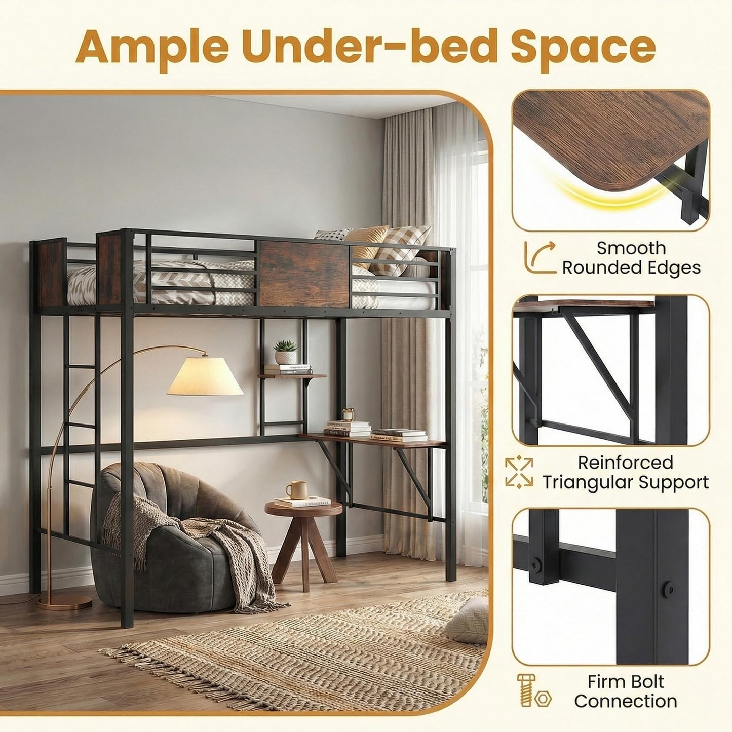 Loft Bed Single Size Heavy Duty Metal Bedframe with Desk