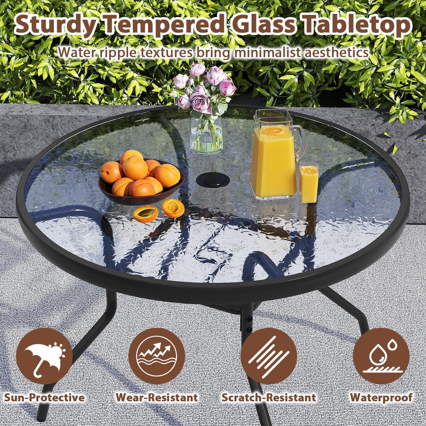 70cm Patio Side Table, Round Outdoor Coffee Table with Tempered Glass Tabletop