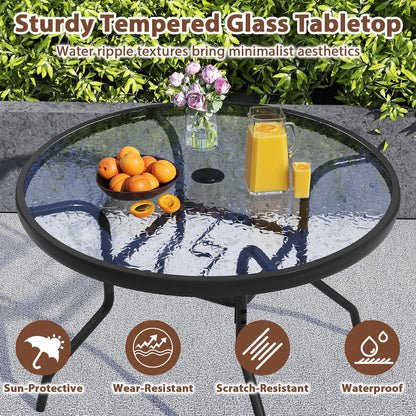 70cm Patio Side Table, Round Outdoor Coffee Table with Tempered Glass Tabletop