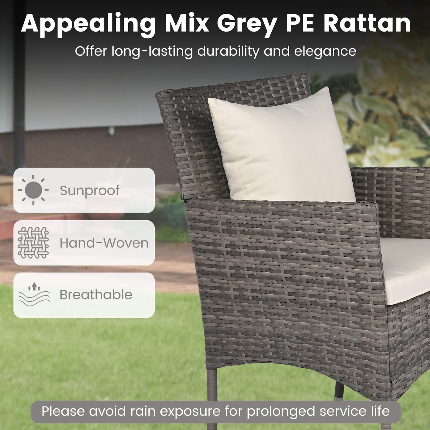 3-Piece Patio Bistro Set, PE Rattan Furniture Set with 2 Cushioned Chairs and Tempered Glass Table