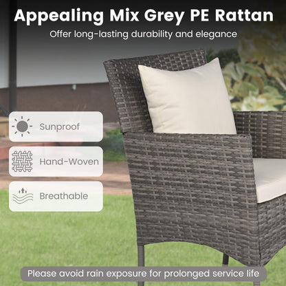 3-Piece Patio Bistro Set, PE Rattan Furniture Set with 2 Cushioned Chairs and Tempered Glass Table
