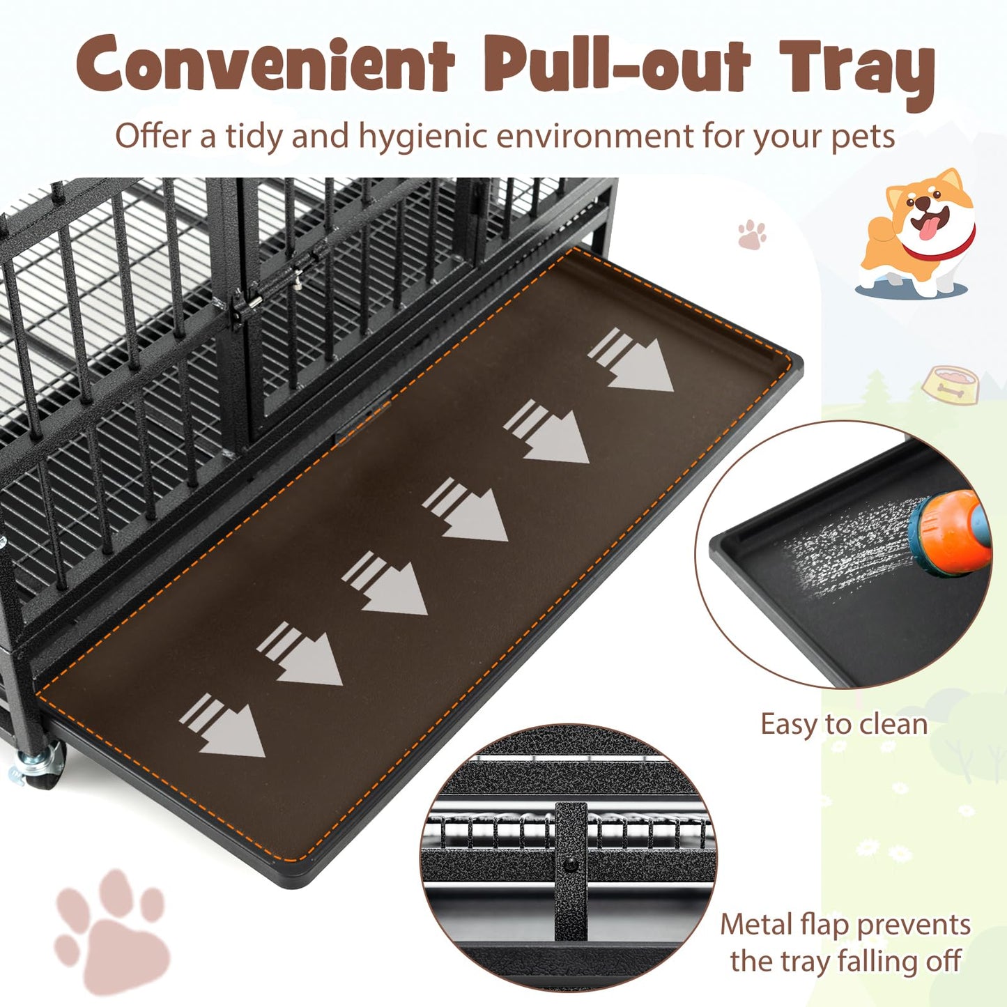96/120cm Metal Dog Cage Foldable with Double Door and Wheels