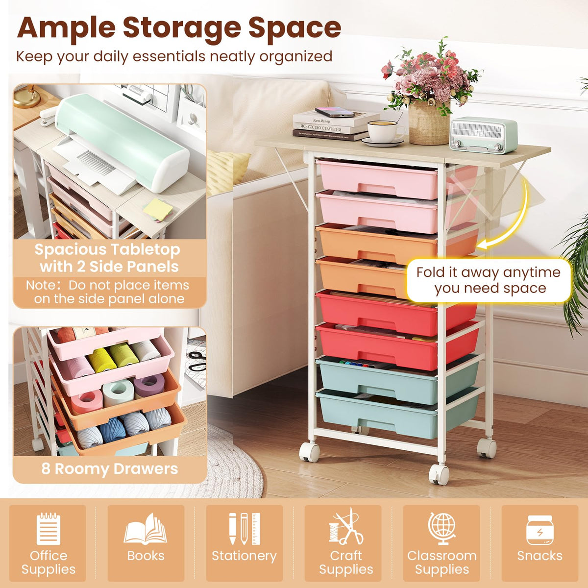 8 Drawers Storage Trolley with Wooden Top & Foldable Side Panels