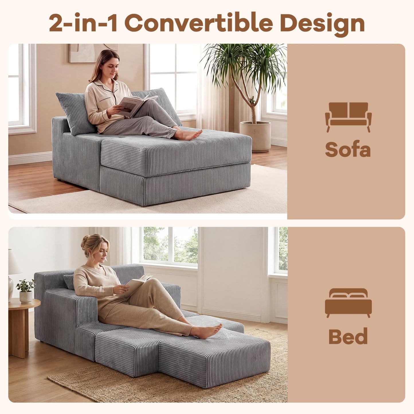 Folding Sofa Bed, Convertible Sleeper Chair Floor Sofa, No Assembly