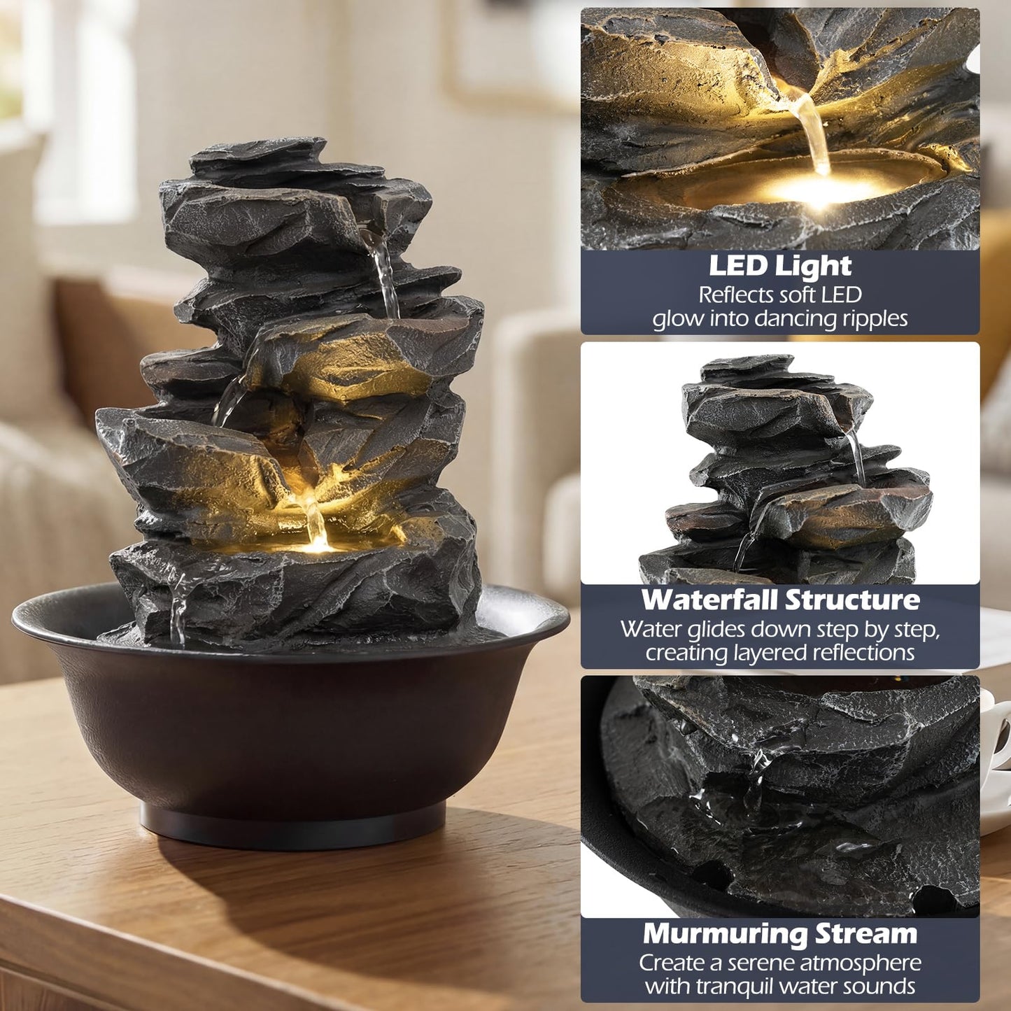 Indoor Water Fountain, Tabletop Indoor Water Feature with LED Light