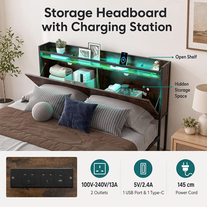King Size Bed Frame with LED Lights, Charging Station,5ft-150x200cm
