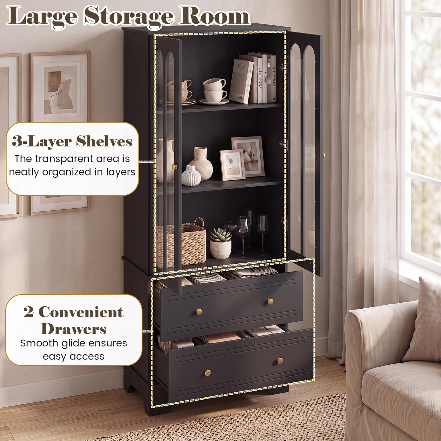 180cm Tall Kitchen Cupboard with Glass Doors