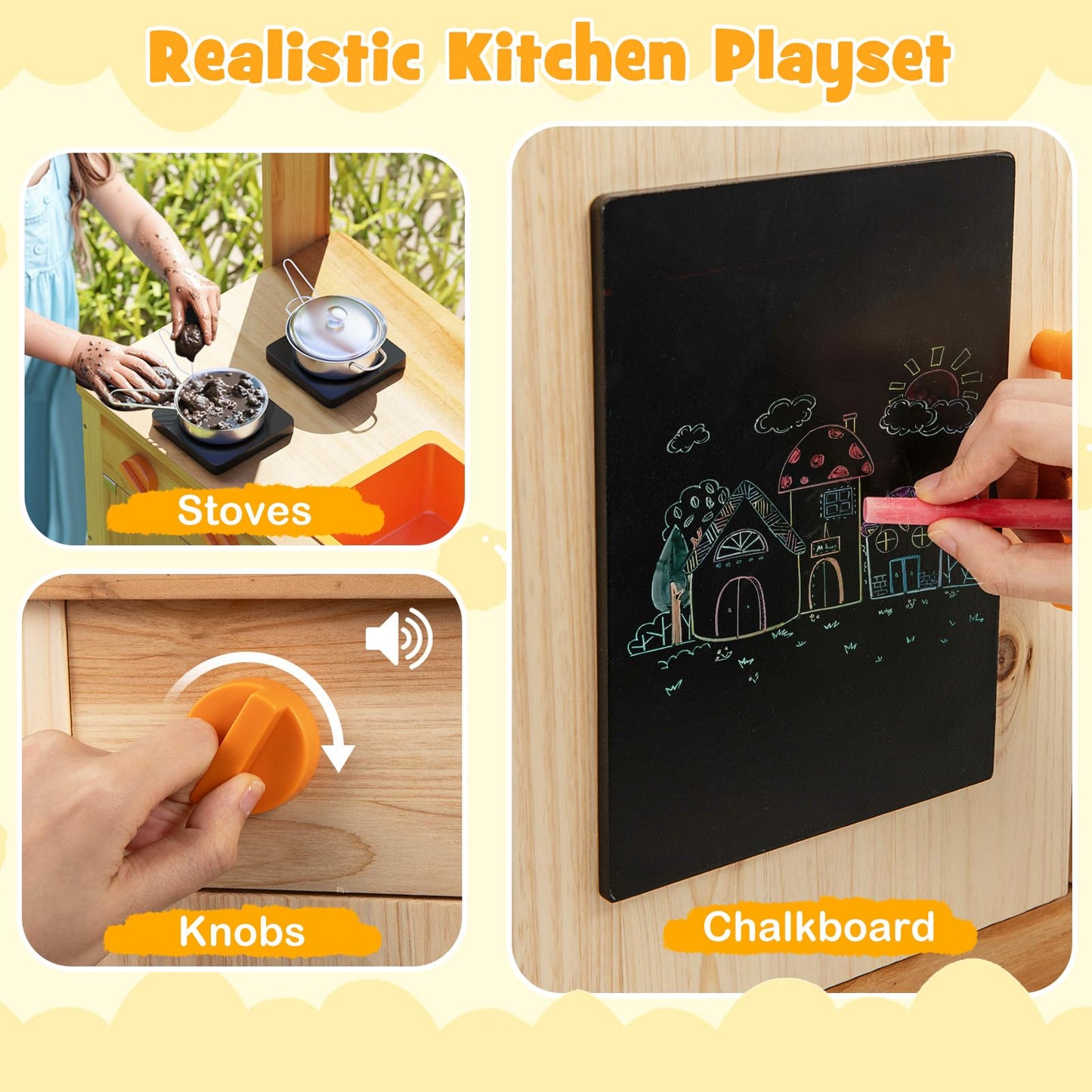 Fir Wood Play Kitchen with Planting Pots and Removable Sink for Backyard Garden