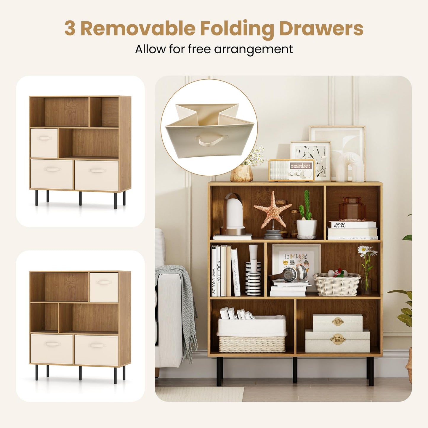 3-Tier Bookcase with 3 Removable Folding Fabric Drawers