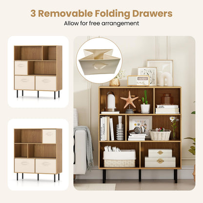 3-Tier Bookcase with 3 Removable Folding Fabric Drawers