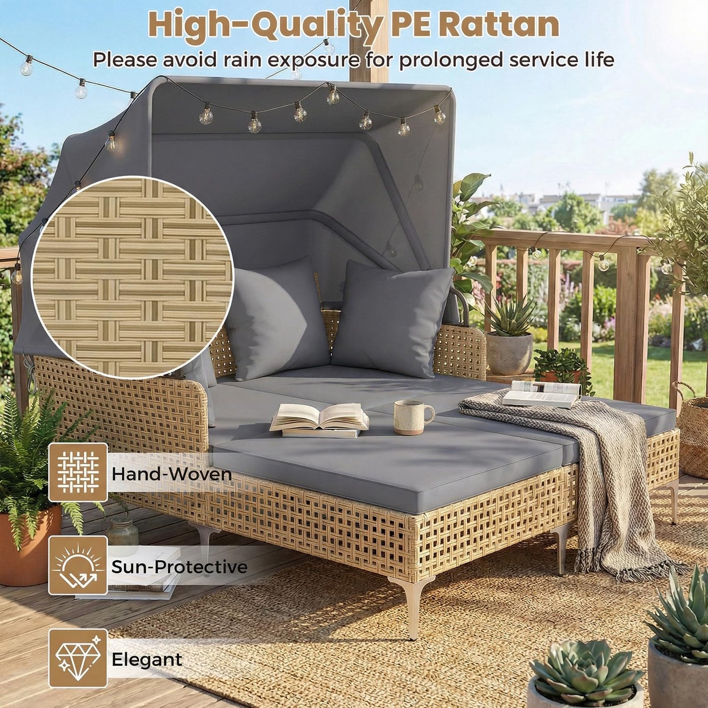 Garden Rattan Daybed, Patio Double Chaise Lounger Sun Bed with Retractable Canopy