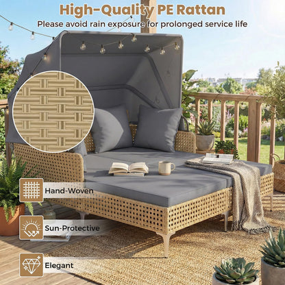 Garden Rattan Daybed, Patio Double Chaise Lounger Sun Bed with Retractable Canopy