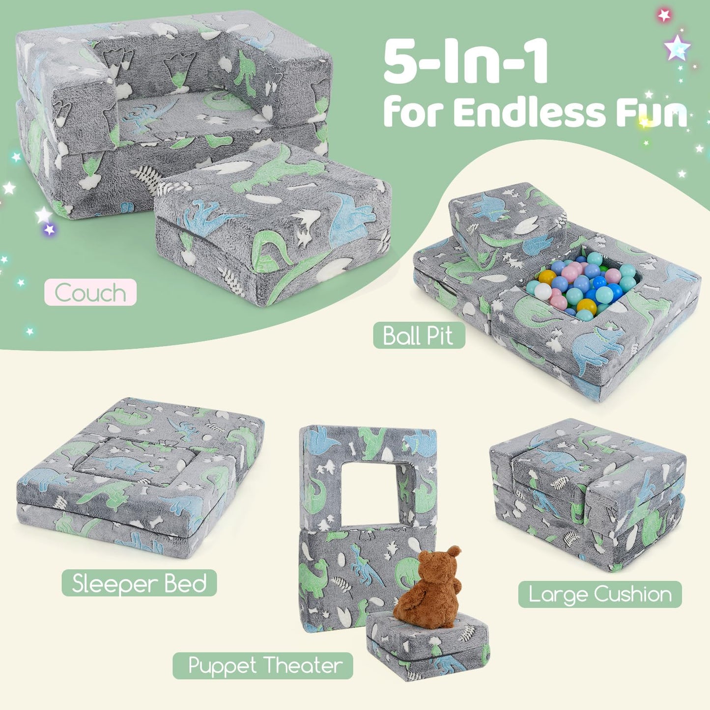 Toddler Play Couch with Machine Washable Cover and High-density Foam Filling