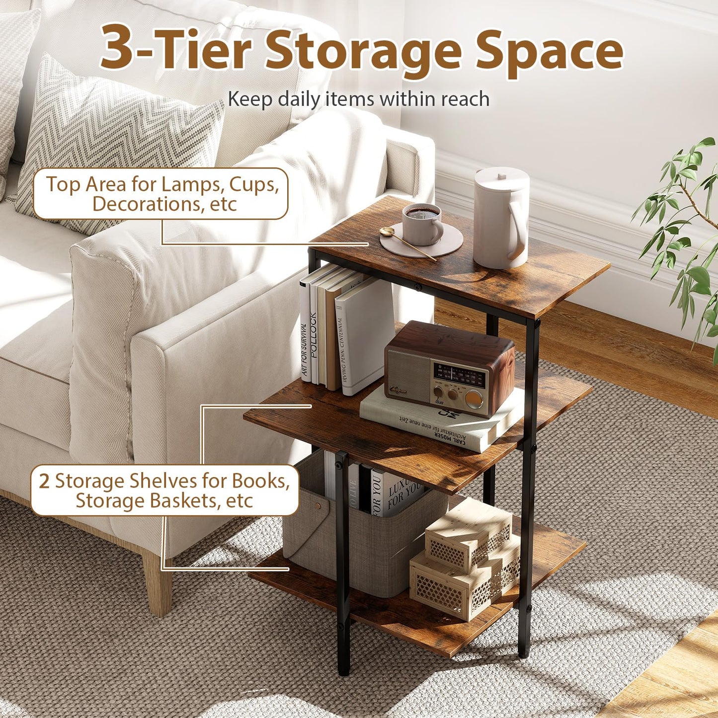 Sofa Side Table, 3-Tier Industrial Square Nightstand Bedside Table