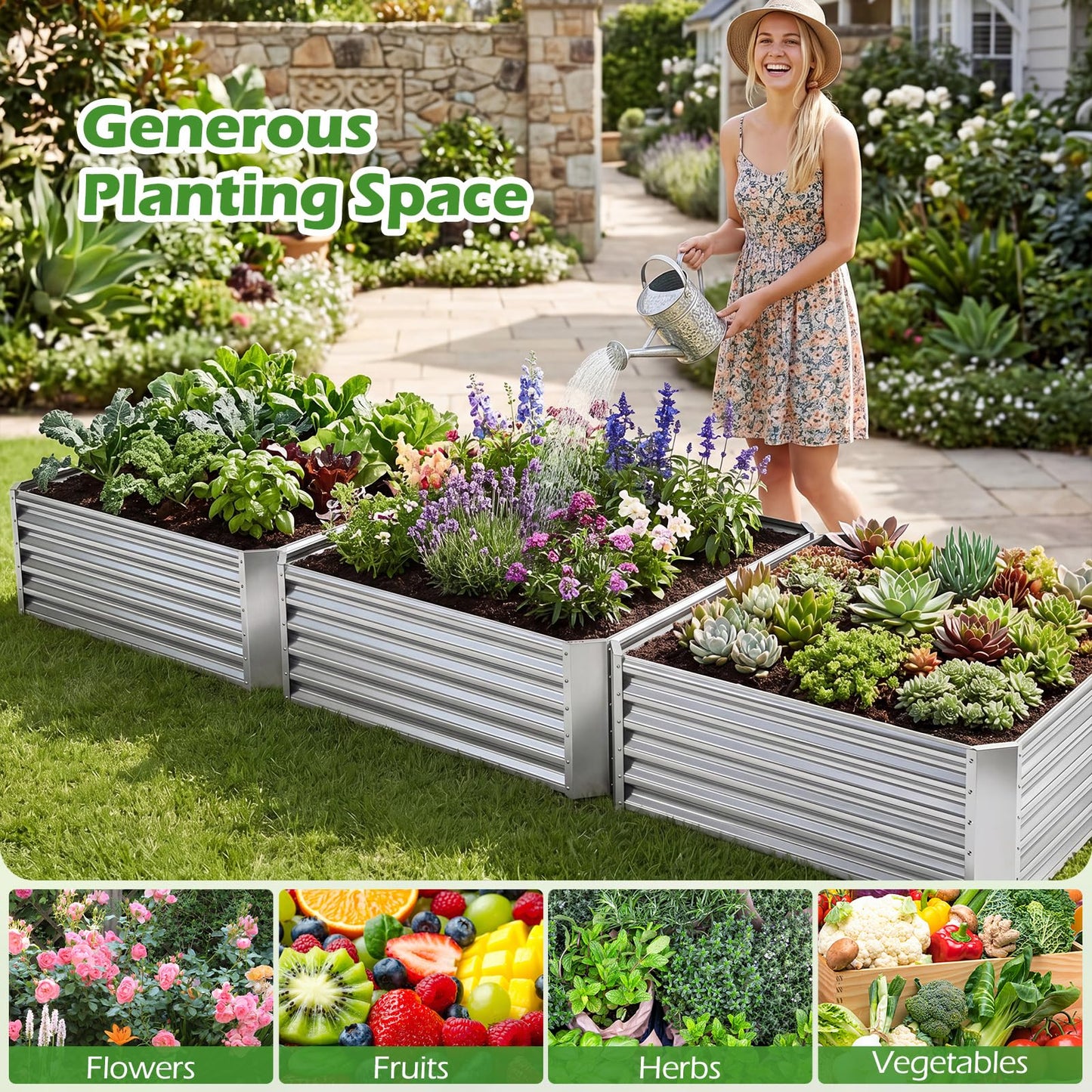 Galvanized Raised Garden Bed Rectangular Outdoor Planter Box with Open-Ended Bade