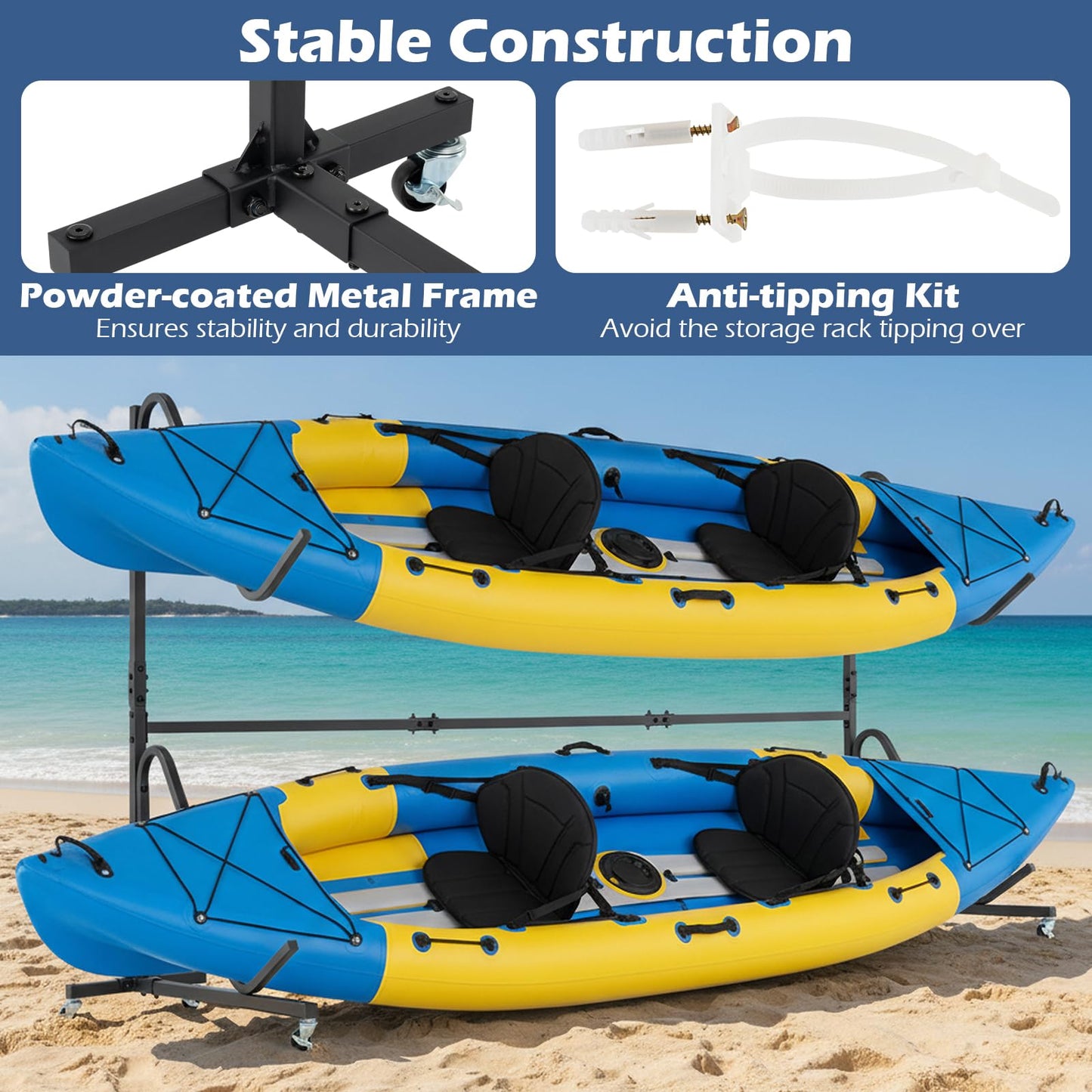 Freestanding Kayak Storage Rack for 2 Kayaks with 6 Lockable Wheels