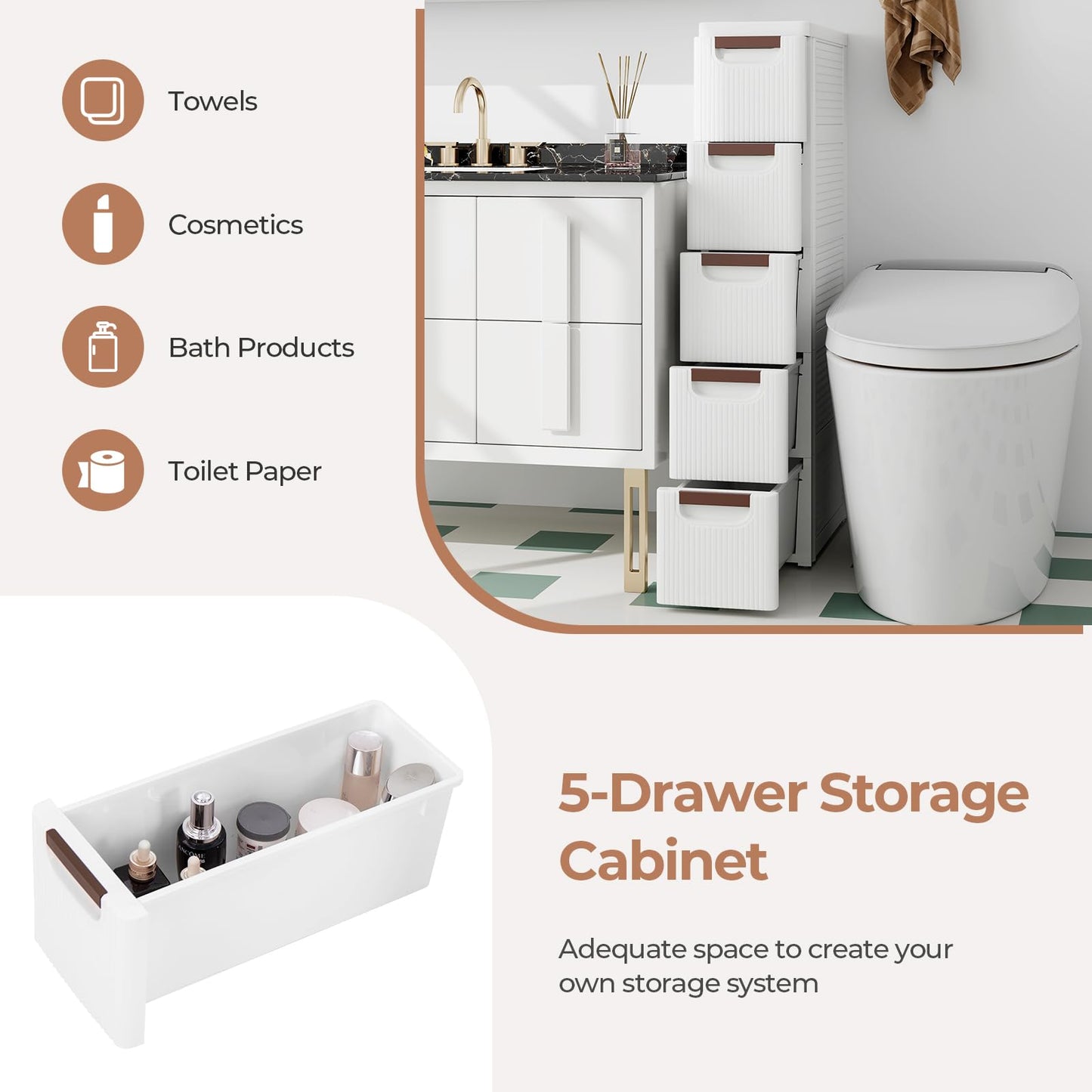 3/4/5-Drawer Narrow Storage Cabinet for Small Space