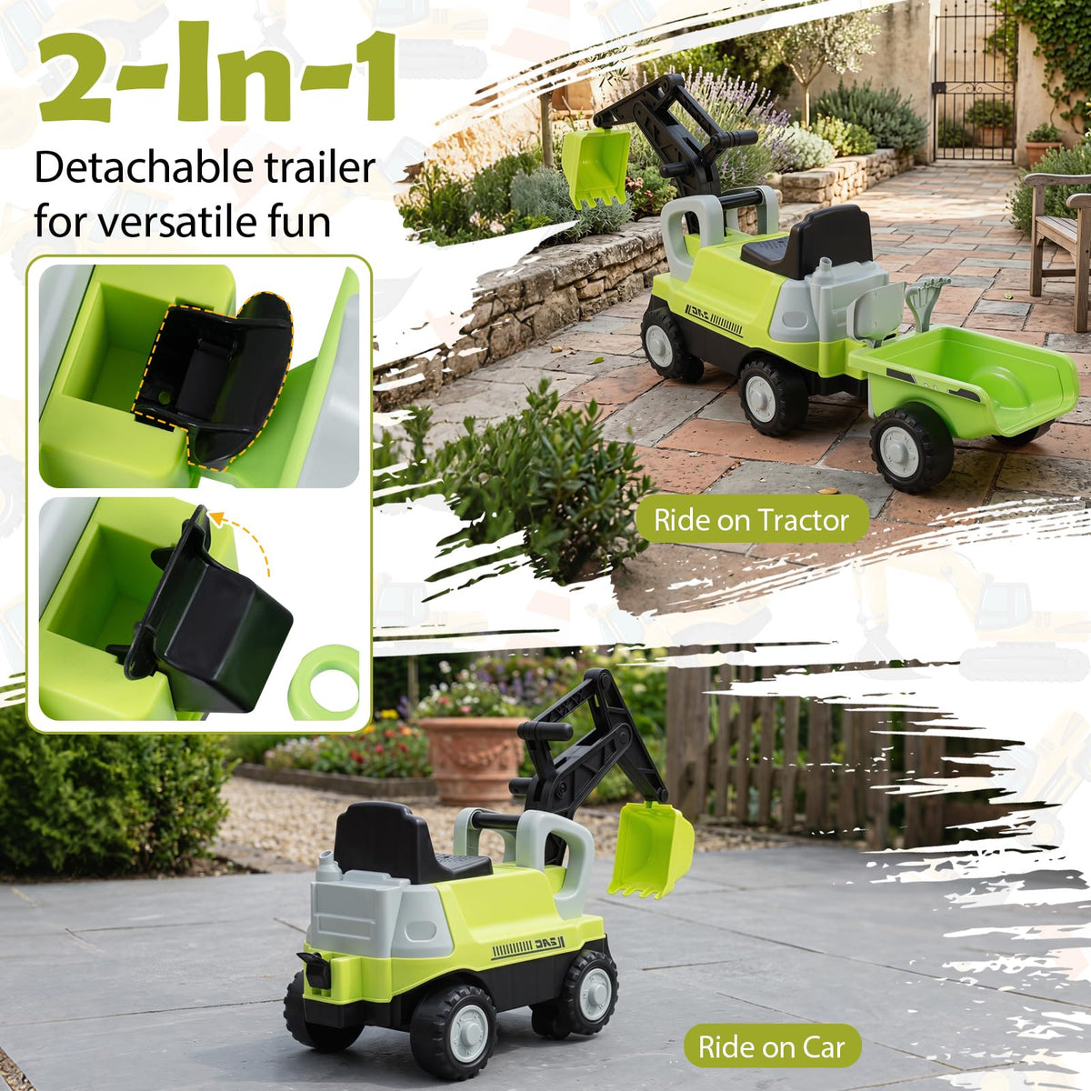 2-In-1 Ride on Push Car with Detachable Trailer and Rake Shovel for Ages 1.5-3