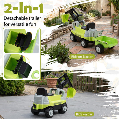 2-In-1 Ride on Push Car with Detachable Trailer and Rake Shovel for Ages 1.5-3