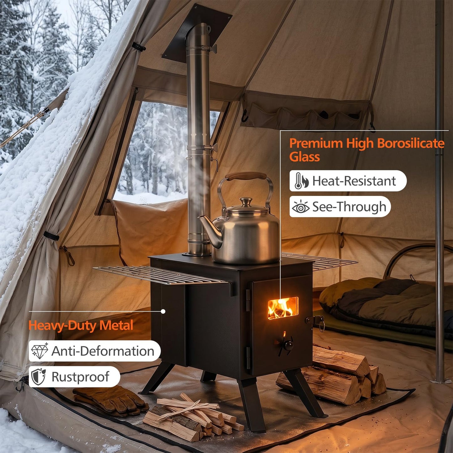 Hot Tent Stove, Camping Tent Stove (Black, 61 x 47 x 257cm) | Stainless Steel Wood Burning Stove