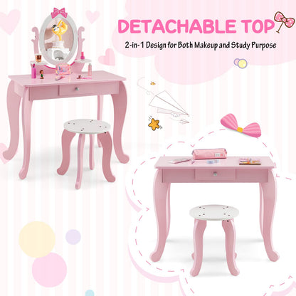 2 in 1 Kids Vanity Table with Stool and 360° Rotating Mirror